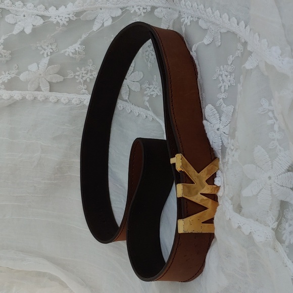 Michael Kors Brown Leather Belt with Gold Tone MK Buckle size XL - Picture 5 of 13